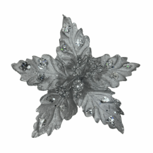 Poinsettia Hoja Deco Escarchada Plata 18*30