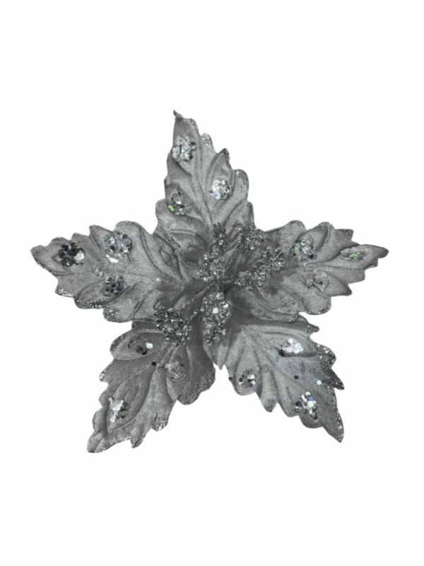Poinsettia Hoja Deco Escarchada Plata 18*30
