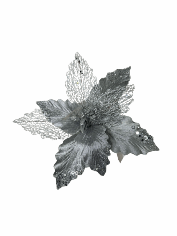 Poinsettia Hoja Malla Punta Lentejuela Plata 30*25